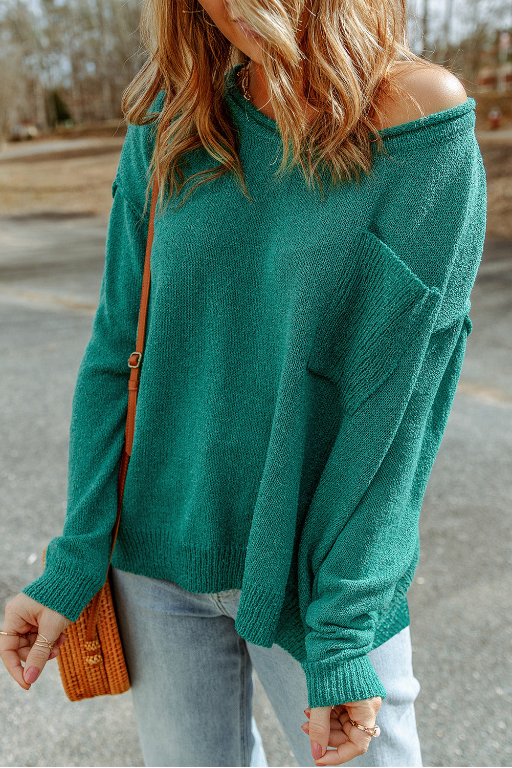 Green Solid Color Off Shoulder Ribbed Knit Sweater with Pocket