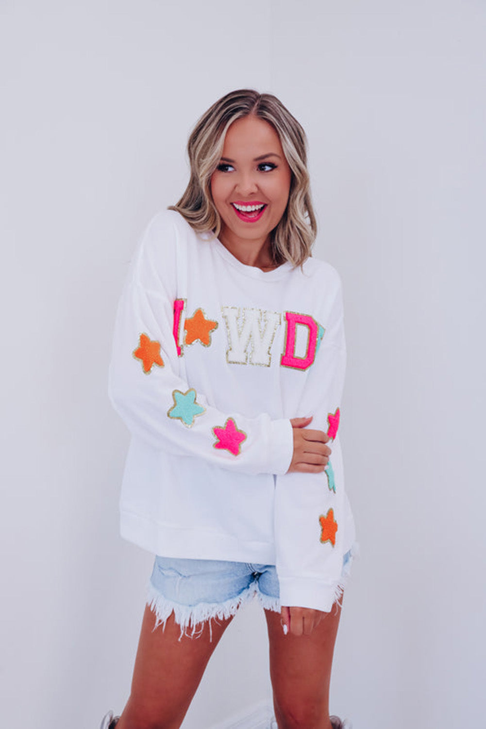 Weiß Howdy Glitter Chenille Patch Grafik Casual Sweatshirt