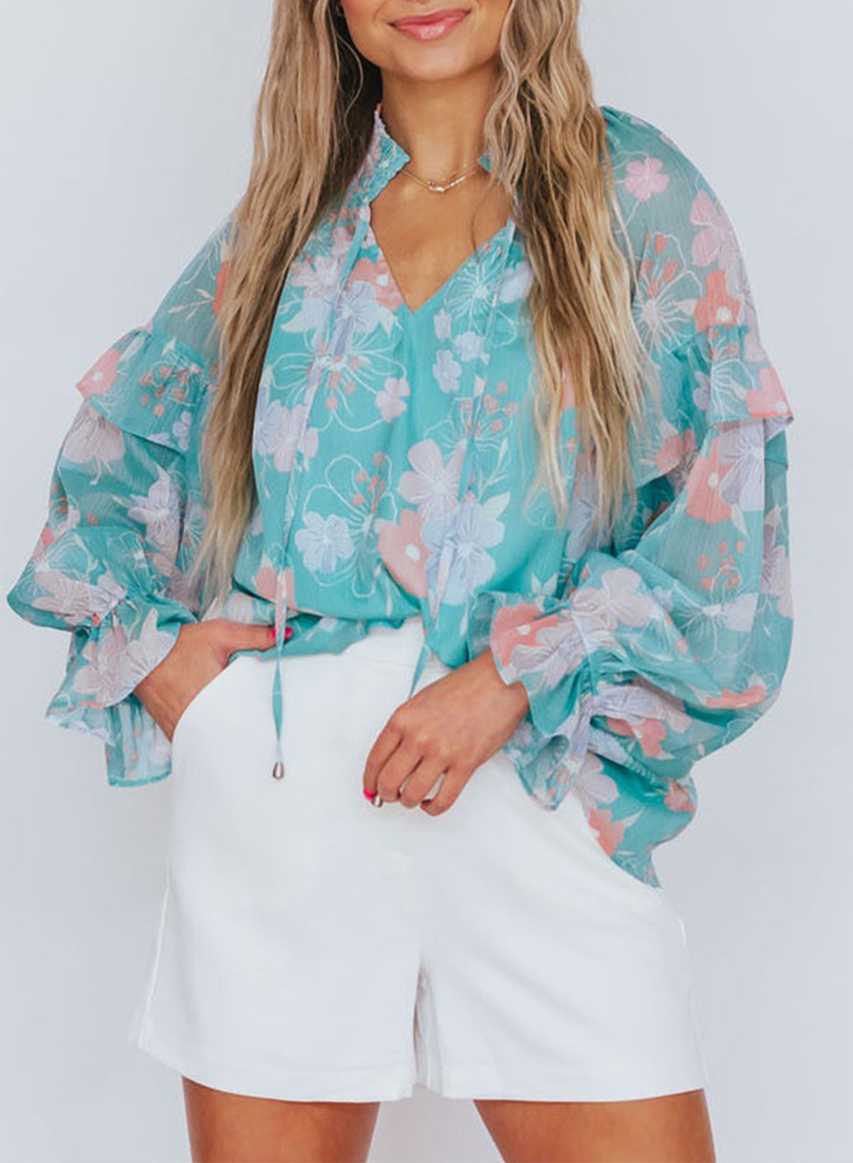 Himmelblauer Blumenbluse Split Hals Rürfen Bluse