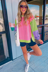 Sweat-shirt décontracté à col rond et coutures exposées color block rose