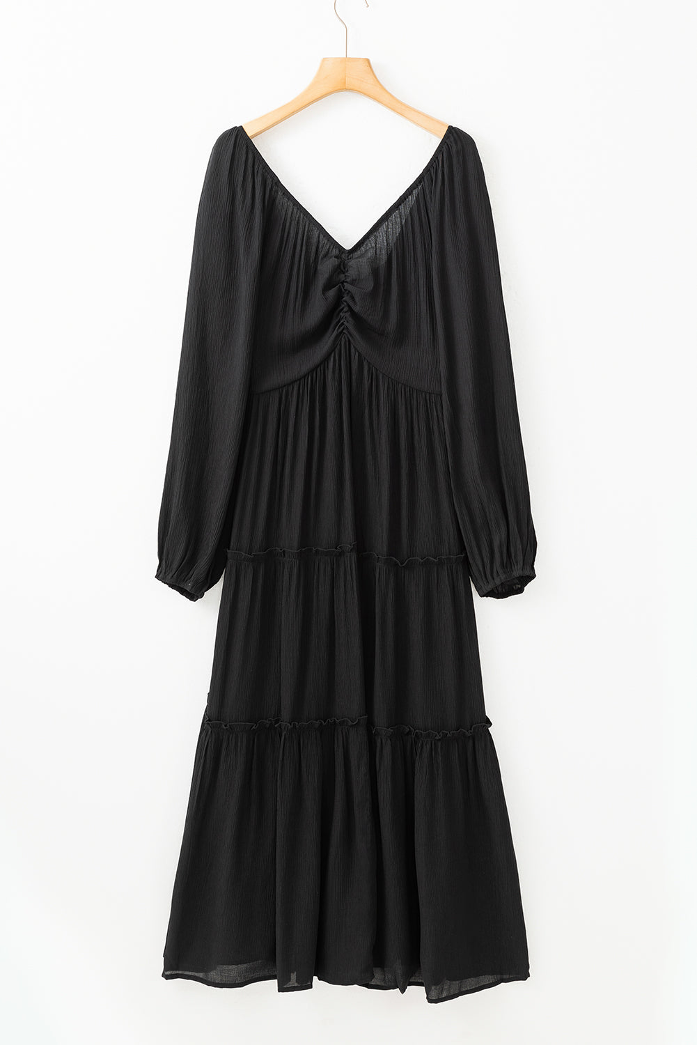 Black V Neck Bowknot Coupte Frill Tiered Maxi Robe