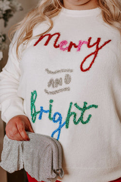 Merry and Bright Christmas Sweater with White Tinsel, Plus Size