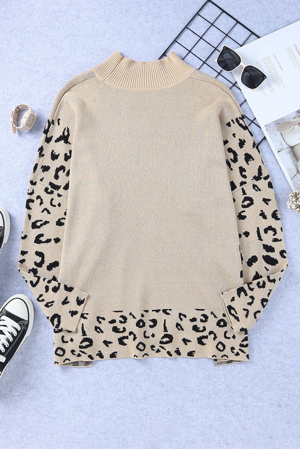 Sighi di oversize a fenditura con il collo alto Khaki Leopard