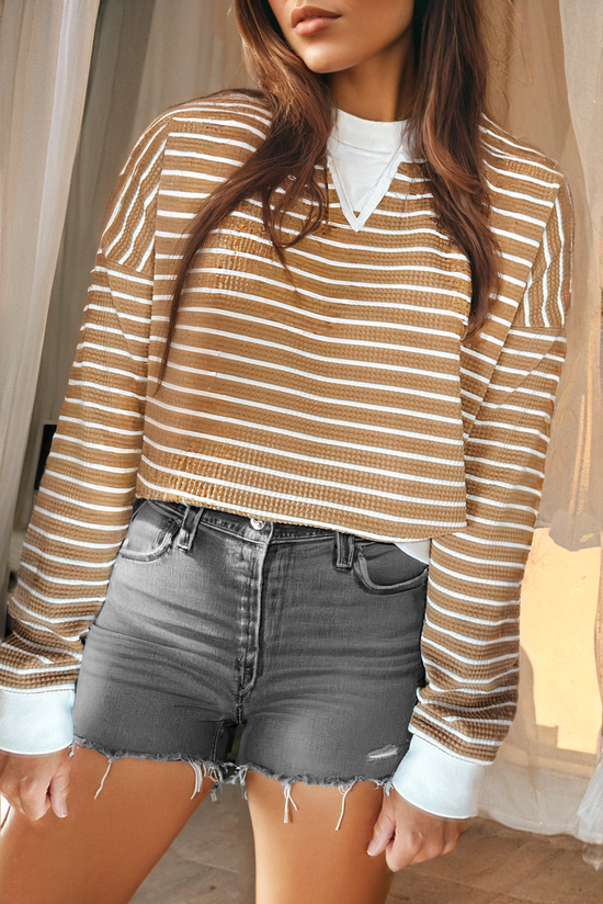 Khaki Textured Striped Crew Neck Long Sleeve Top with Patched Edges