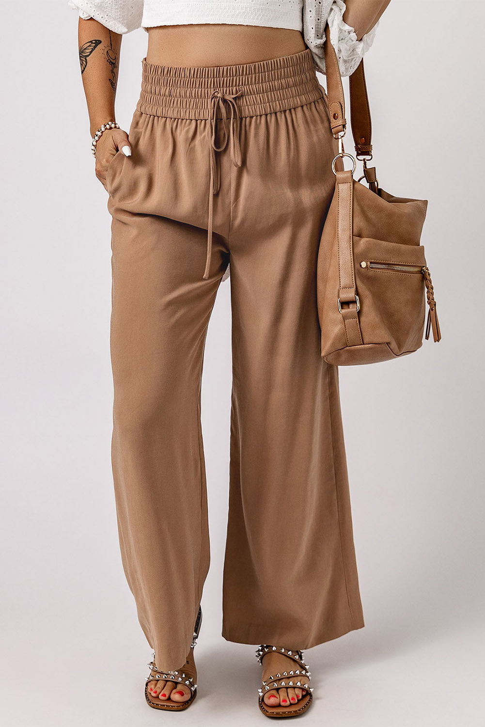 Pantalon large décontracté à taille élastique avec cordon de serrage marron