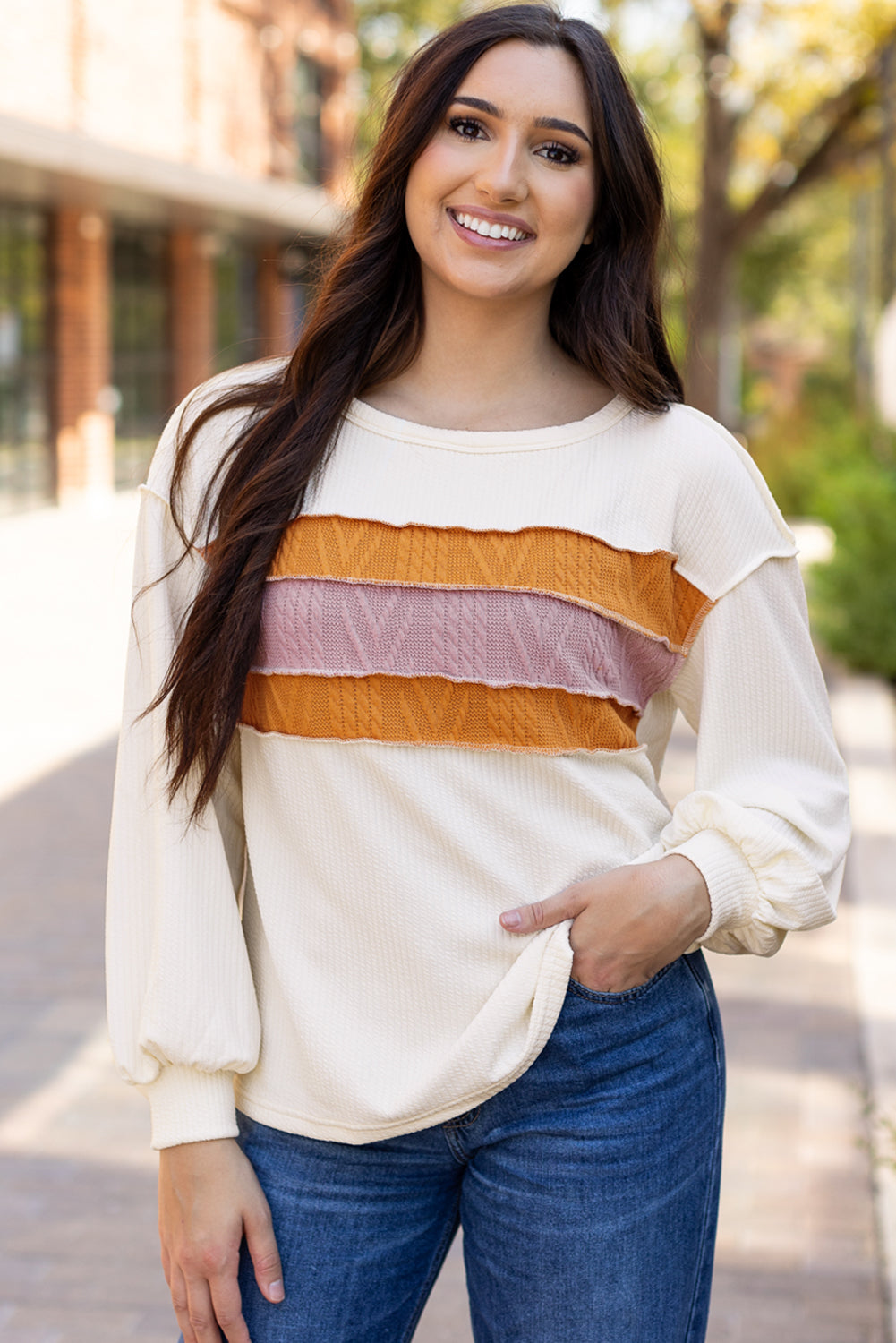 White top with drooping sleeve in patchwork knit *