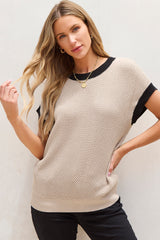 Haut pull beige clair à manches chauve-souris et col rond avec bordure contrastée