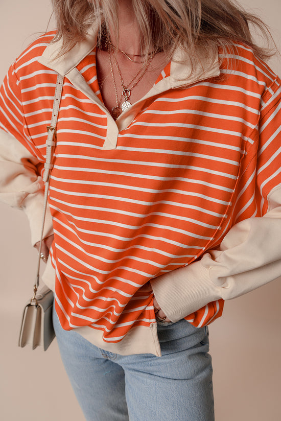 Orange striped and color block sweatshirt, loose fit, dropped collar and shoulders