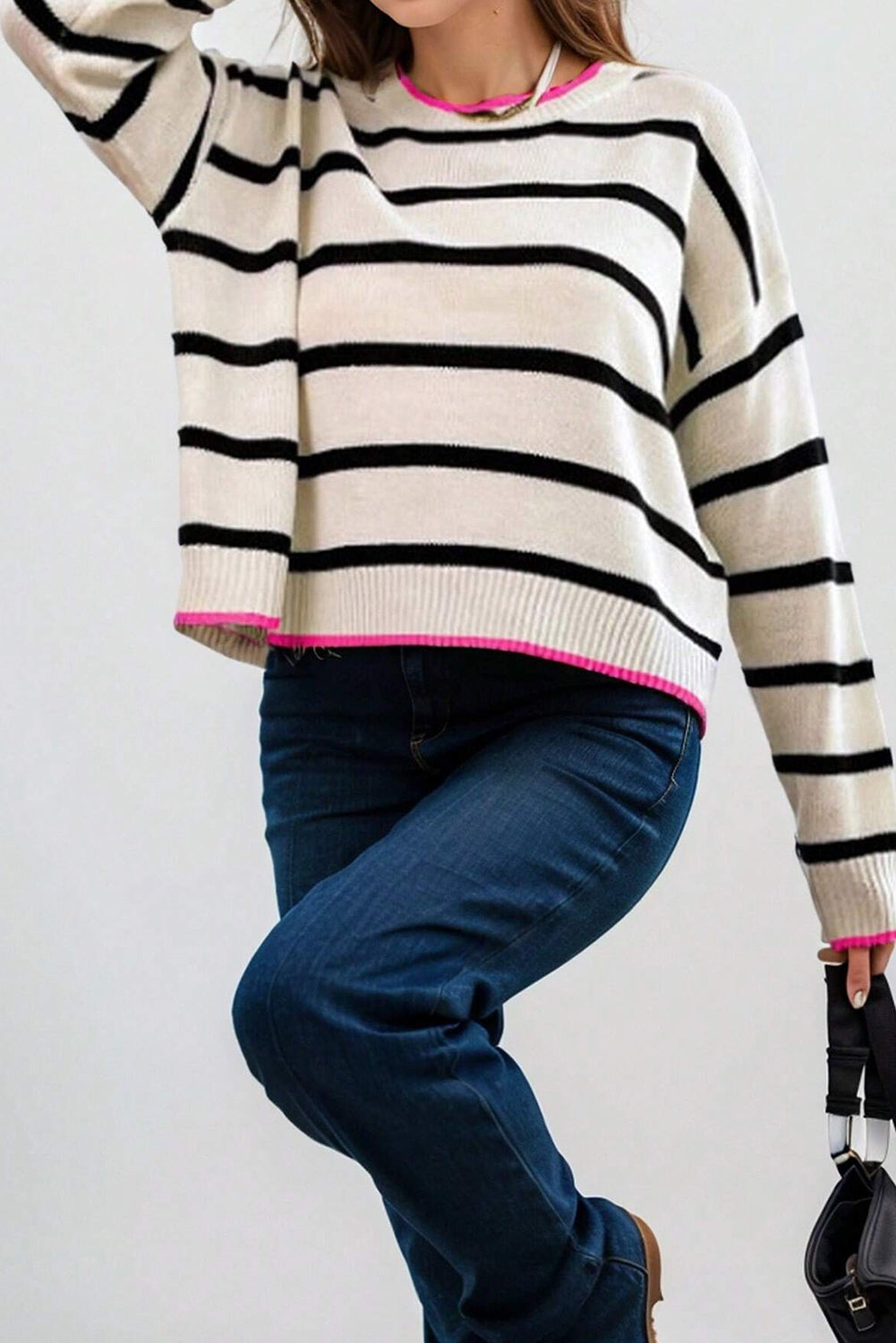 Blanc Stripe Color Contrast Drop Spolder Crew Noup Pull