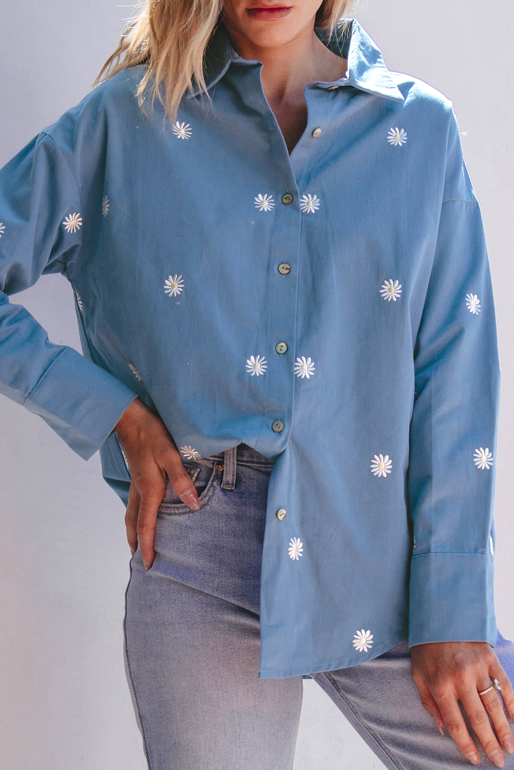 Dusk Blue Floral Embroidered Curved Hem Tunic Shirt