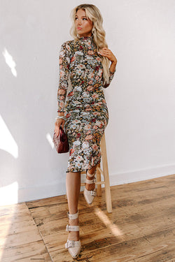 Mid-length dress with floral print and tight amount with long sleeve brown