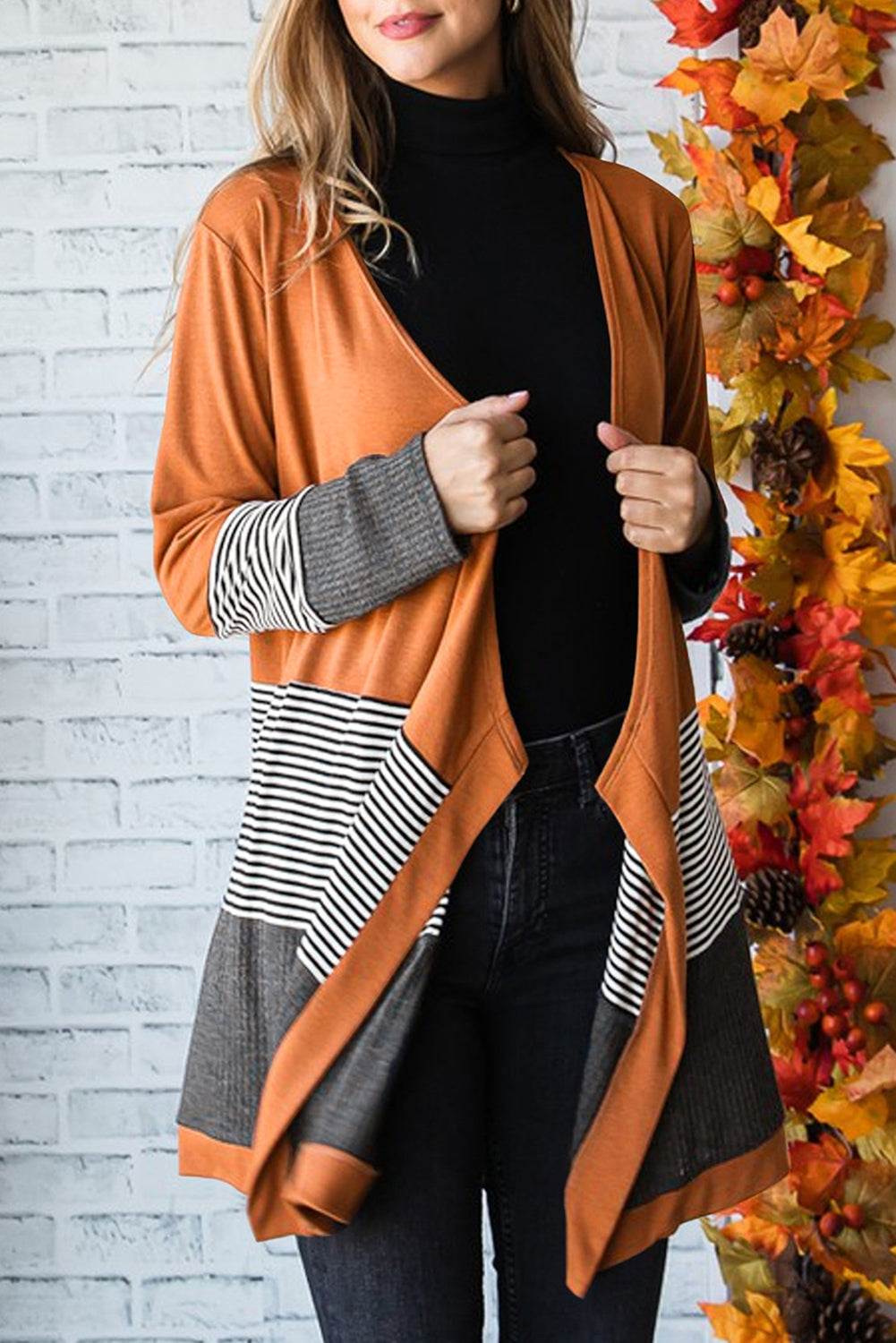 Cardigan ouvert patchwork rayé color block orange