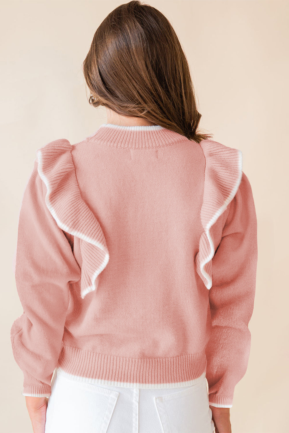 Light Pink Long Sleeve Ribbed Trim Sweater with Bow Tie and Ruffles