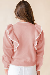 Pull à manches longues et bordure côtelée avec nœud papillon et volants rose clair