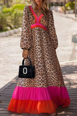 Vestido de leopardo marrón largo con cuello en V y corte suelto