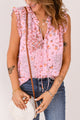 Pink sleeveless high -printed high with tightening cord and ruffle border