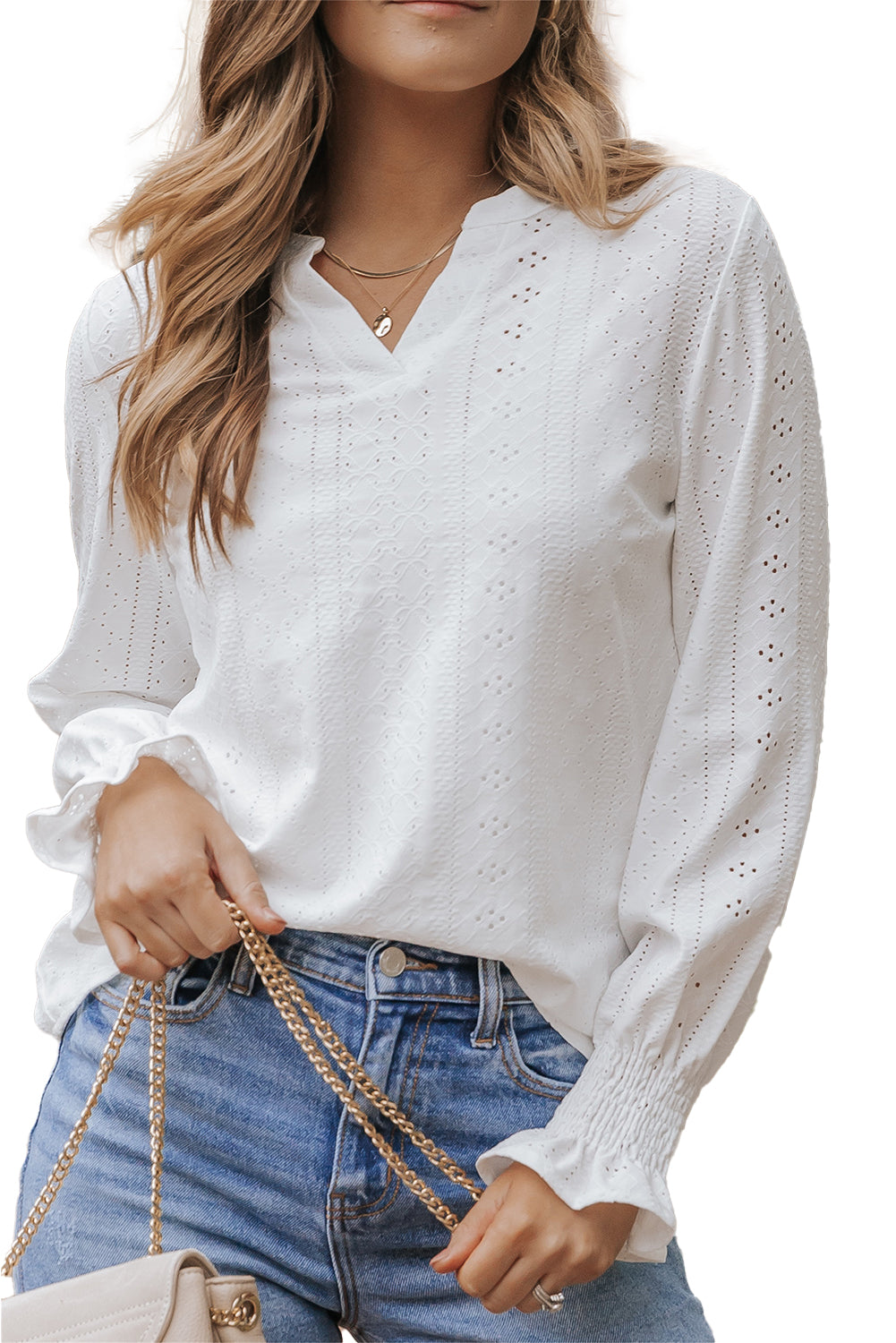 Blouse ample texturée blanche à col fendu-A WOMAN WE LOVE