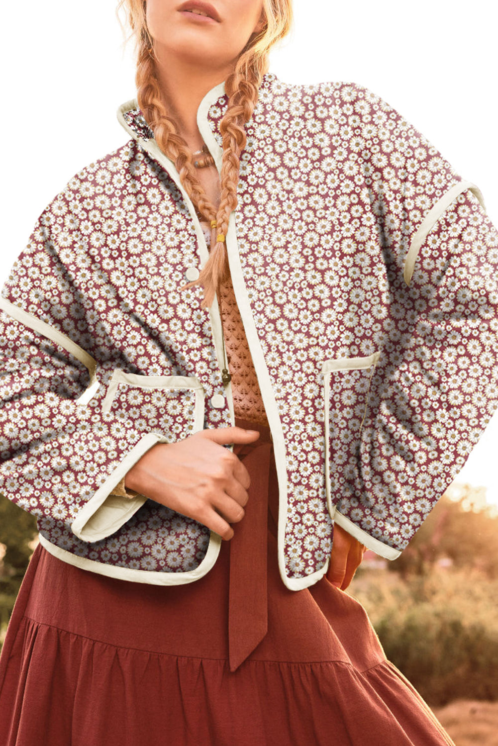 Rose -collar pink jacket with contrasting pockets and edges with floral print
