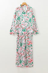 Ensemble pyjama rose à manches longues en satin à imprimé plantes et baies de Noël-A WOMAN WE LOVE