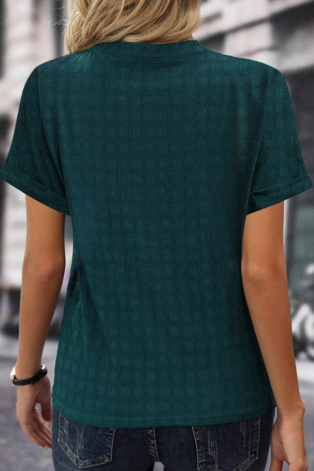 Sea Green Solid Textured Split Cuello corto Blusa de manga