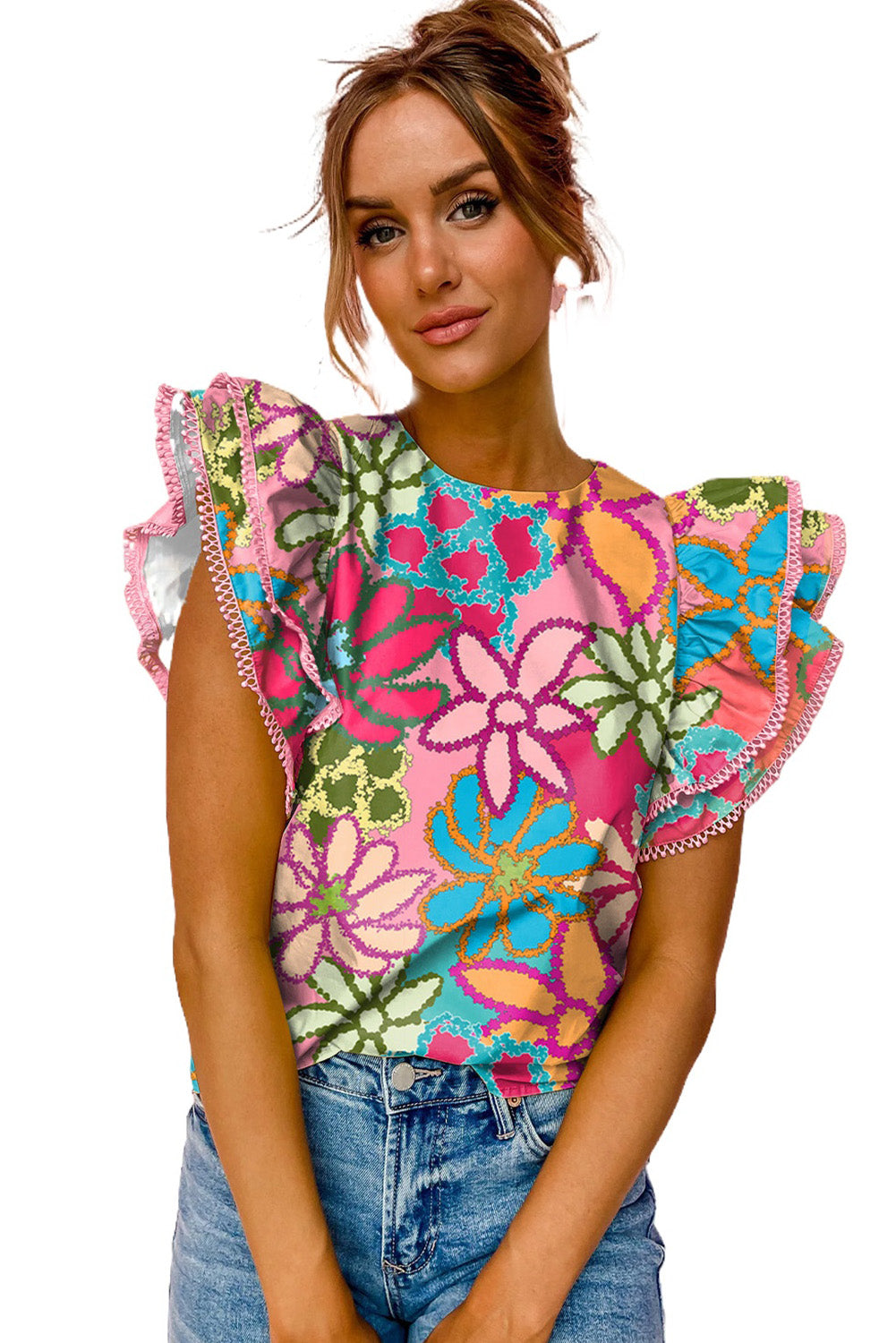 Blusa de manga de volante con estampado floral multicolor vibrante