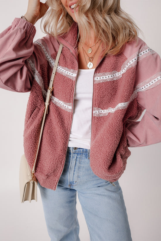 Rose: chaqueta con cremallera en sherpa Patchwork en encaje con muñecas elásticas y cremallera