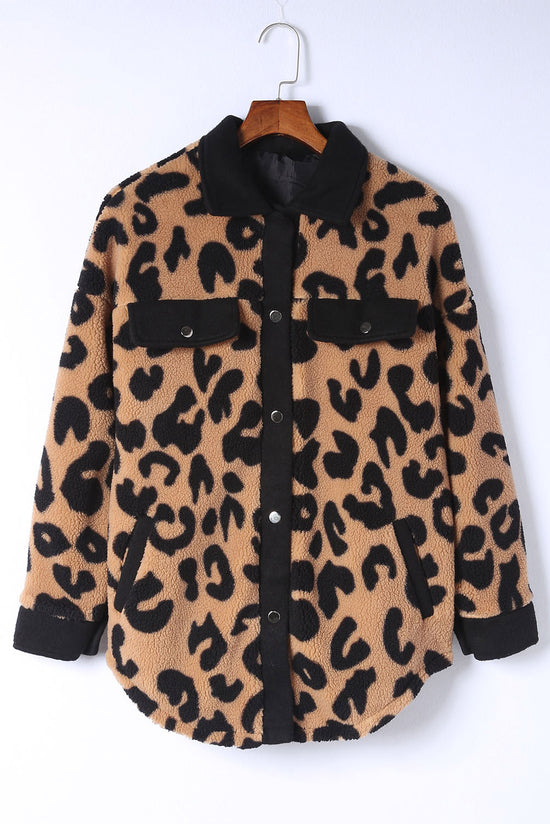 Black leopard teddy jacket with contrasting finishes