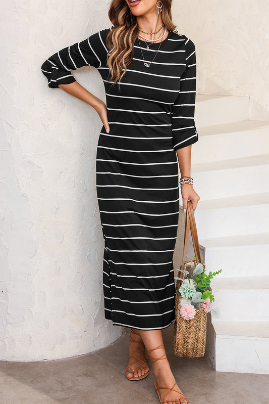 Robe longue à fente décontractée à rayures noires