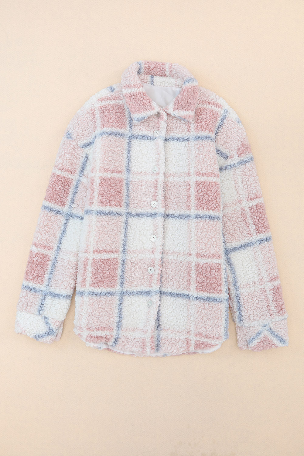 Sherpa jacket with turndown collar and multi-colored plaid print