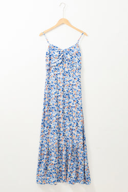 Vestido largo con ceño con volantes y estampado de cielo floral azul