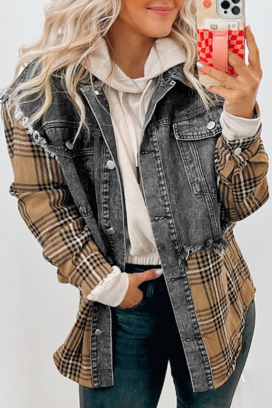 Mittelgrauer Plaid Patch Destgierte Klappentasche Denim Shacket