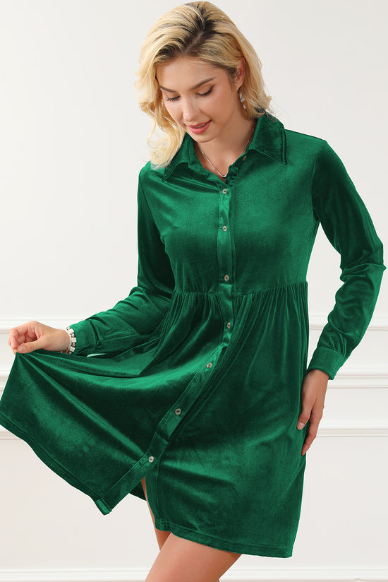 Vestido de botón de terciopelo de estilo verde y mangas verdes