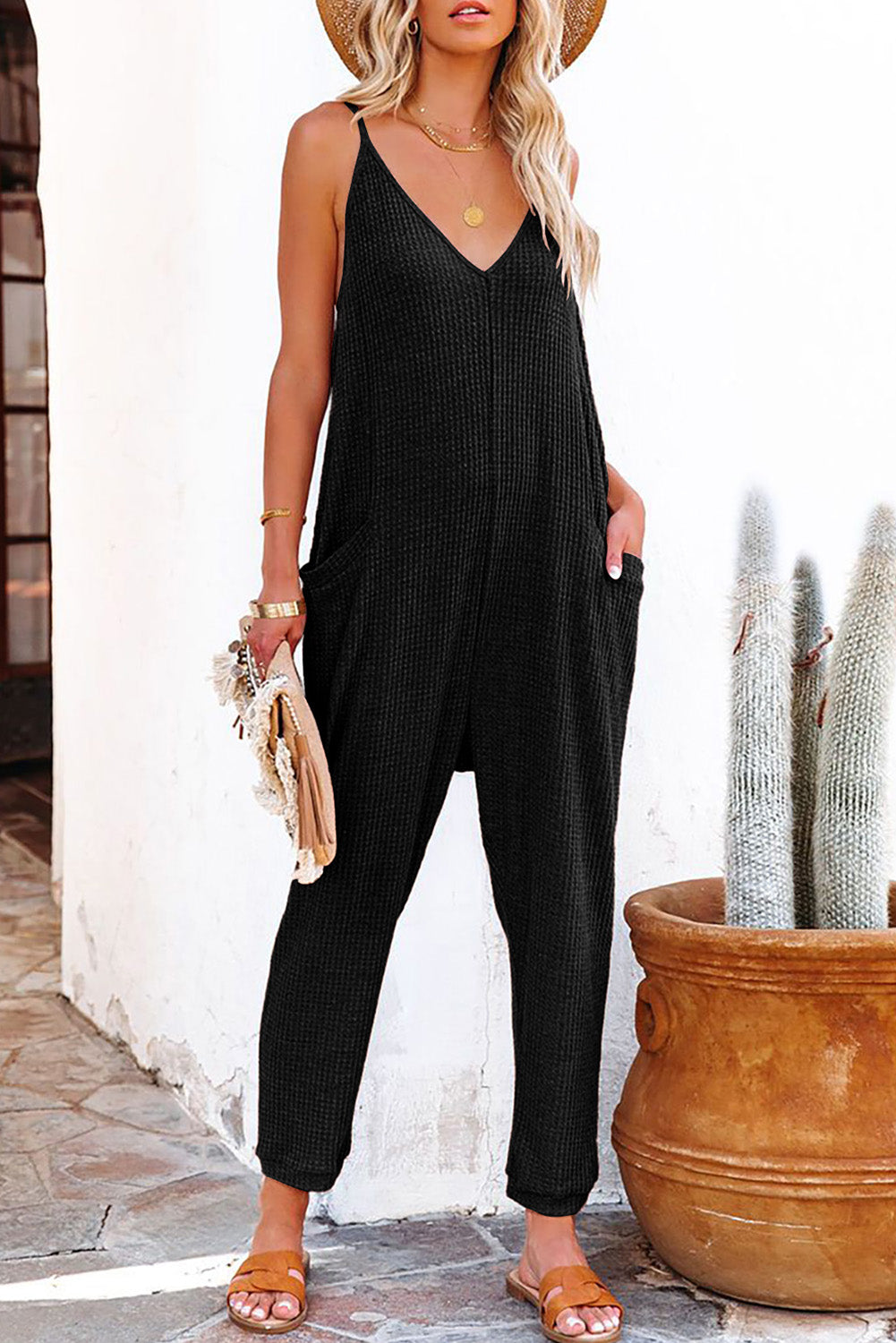 Black V-Neck Sleeveless Textured Casual Jumpsuit with Pockets