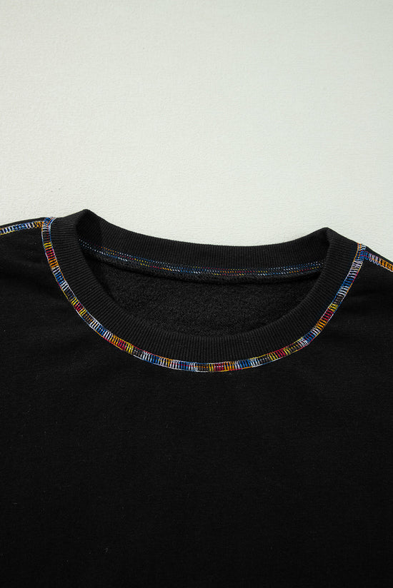 Black Drop Shoulder Sweatshirt with Contrast Rainbow Trim