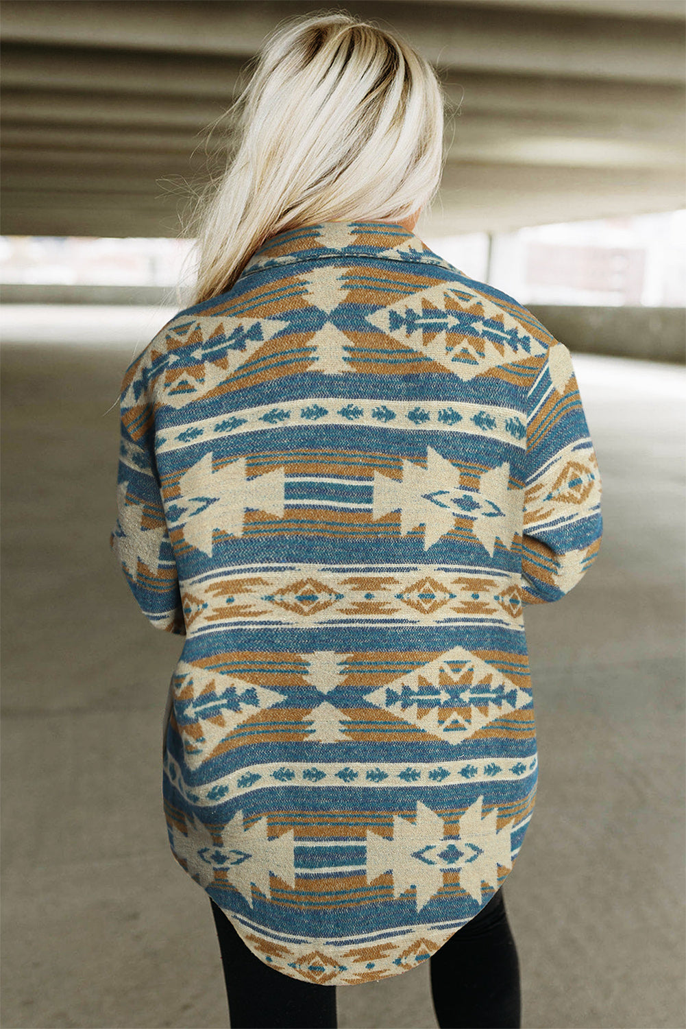 Blue Western Aztec Print Button Bouton Pocket Shacket