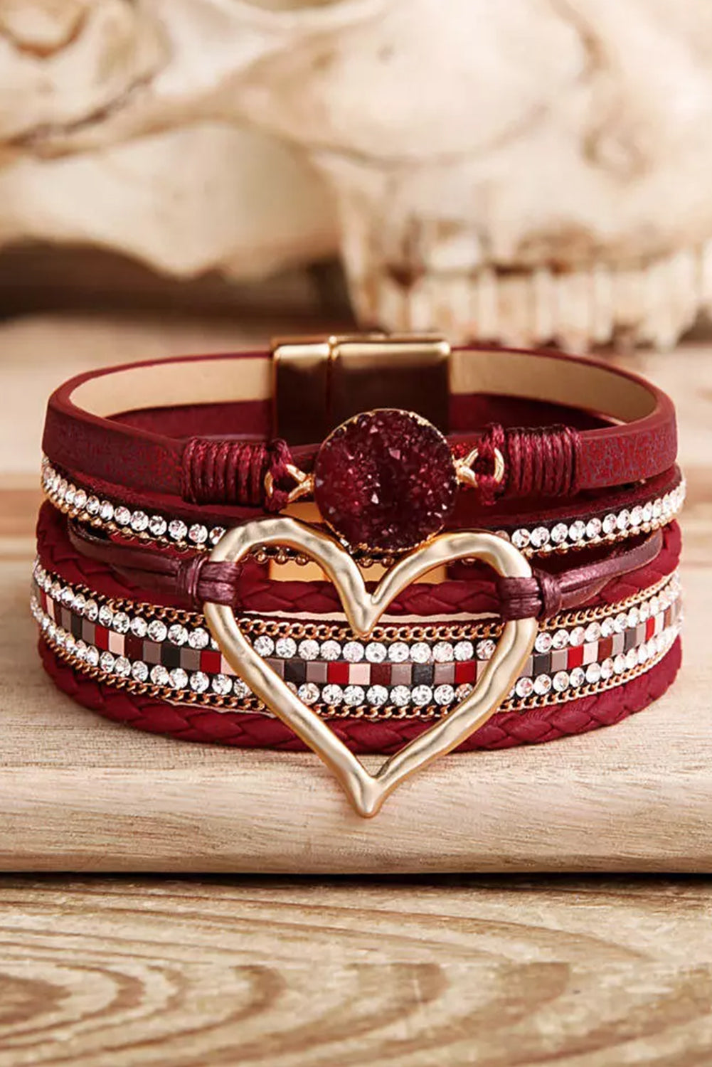 Bracelet superposé en forme de cœur en strass rouge ardent pour la Saint-Valentin