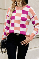Pink sweater checkered and ribbed edges *