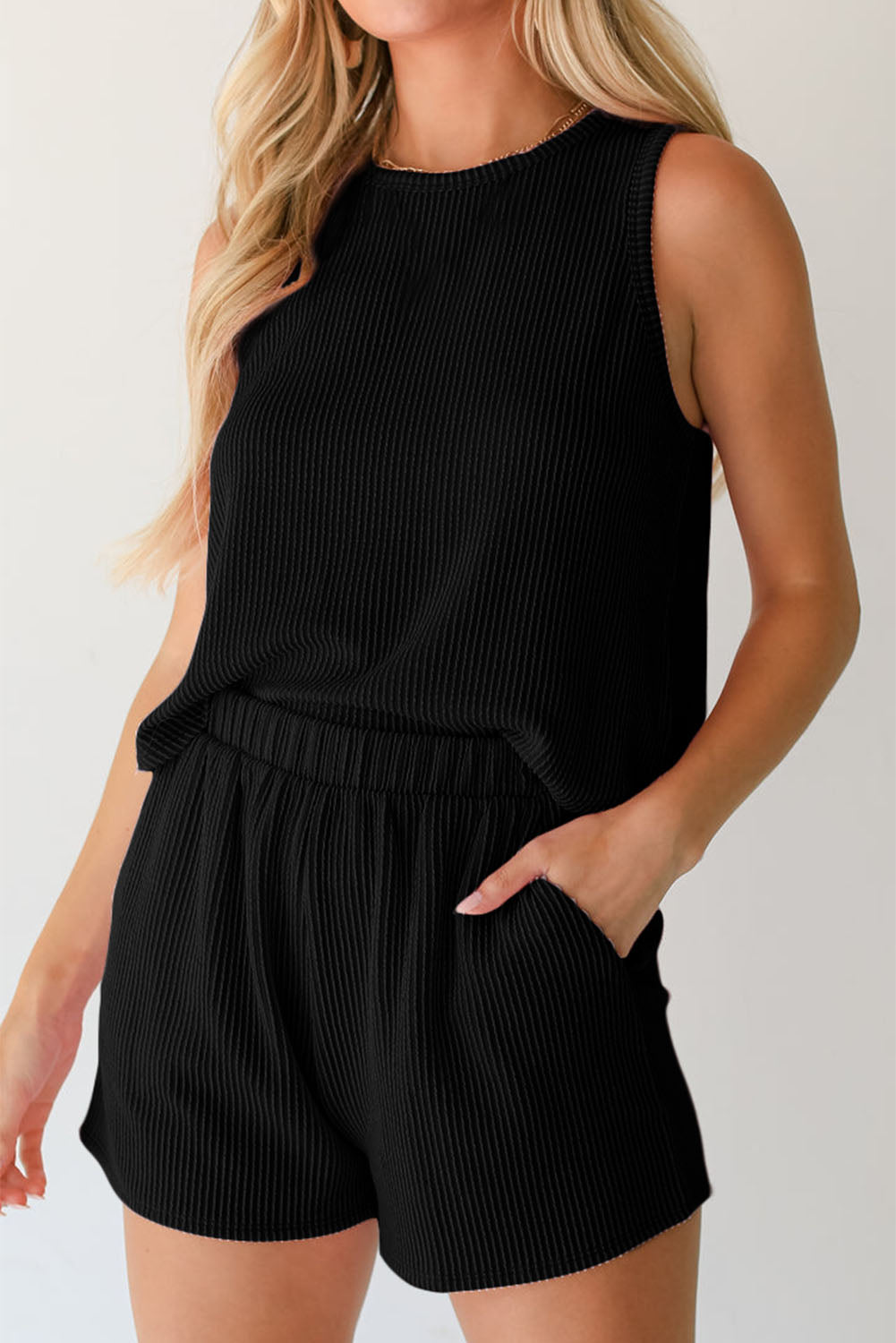 Black Drawstring Sleeveless Top and Pocket Shorts Set