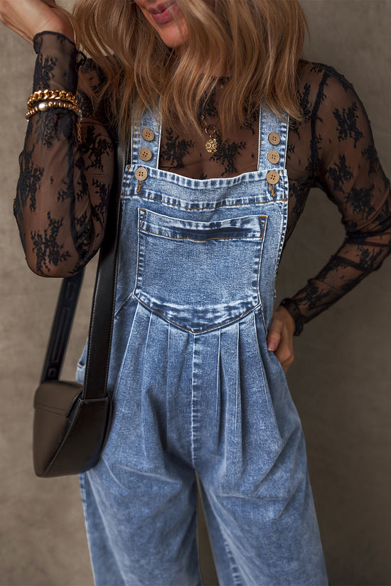 Light Blue Wide Leg Denim Overalls with Buttoned Straps