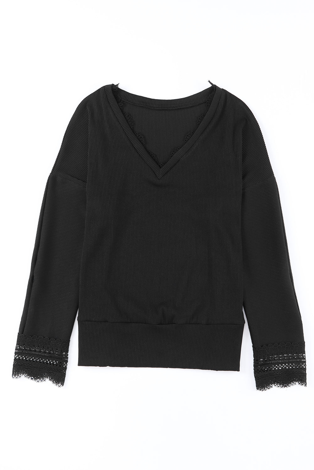 Black long sleeve v-neck top with lace trim and ribbed texture