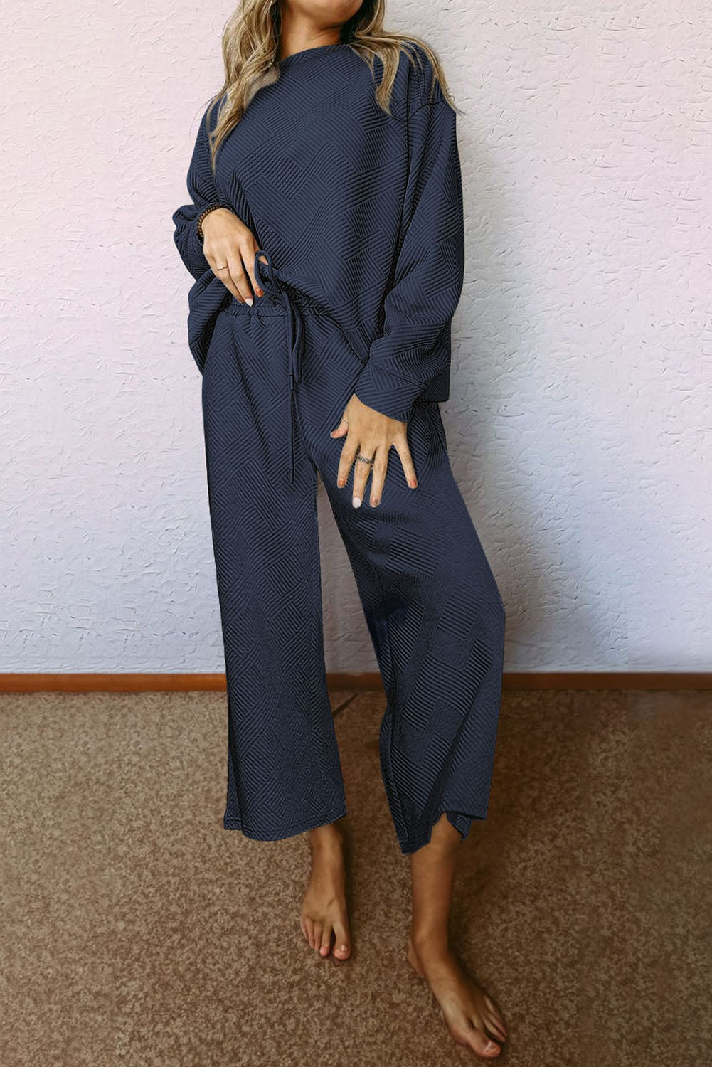 Navy Blue Ultra lose strukturierte 2pcs Slouchy Outfit