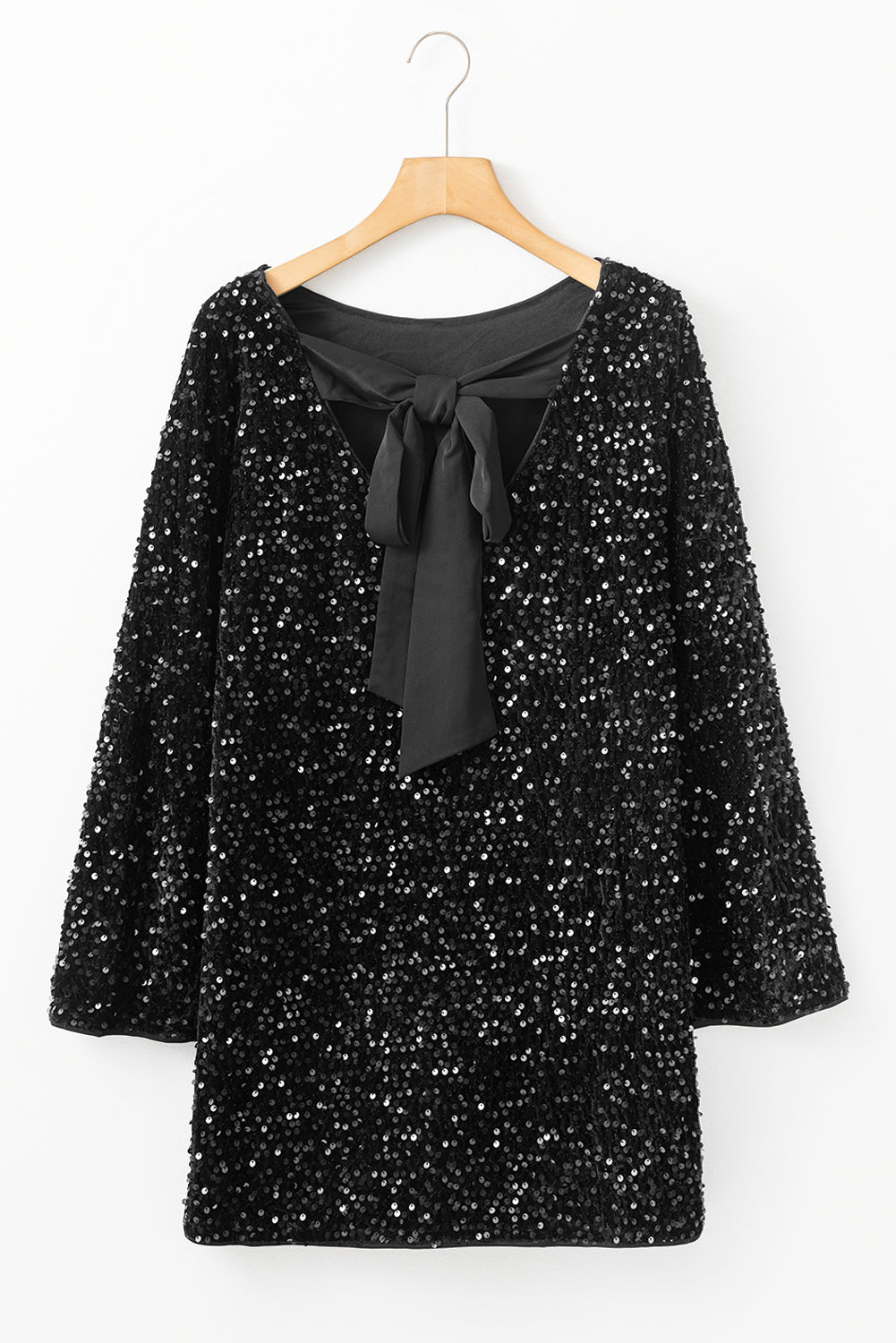 Black Sequin Long Sleeve Knot Cutout Back Back Robe