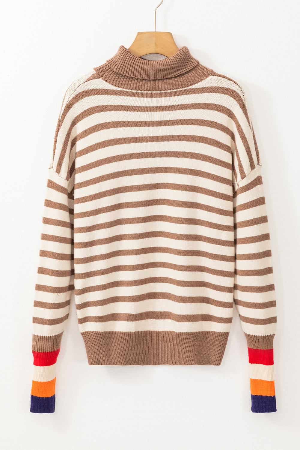 Brown Striped Color Block Turtleneck Sweater with Bishop Sleeves