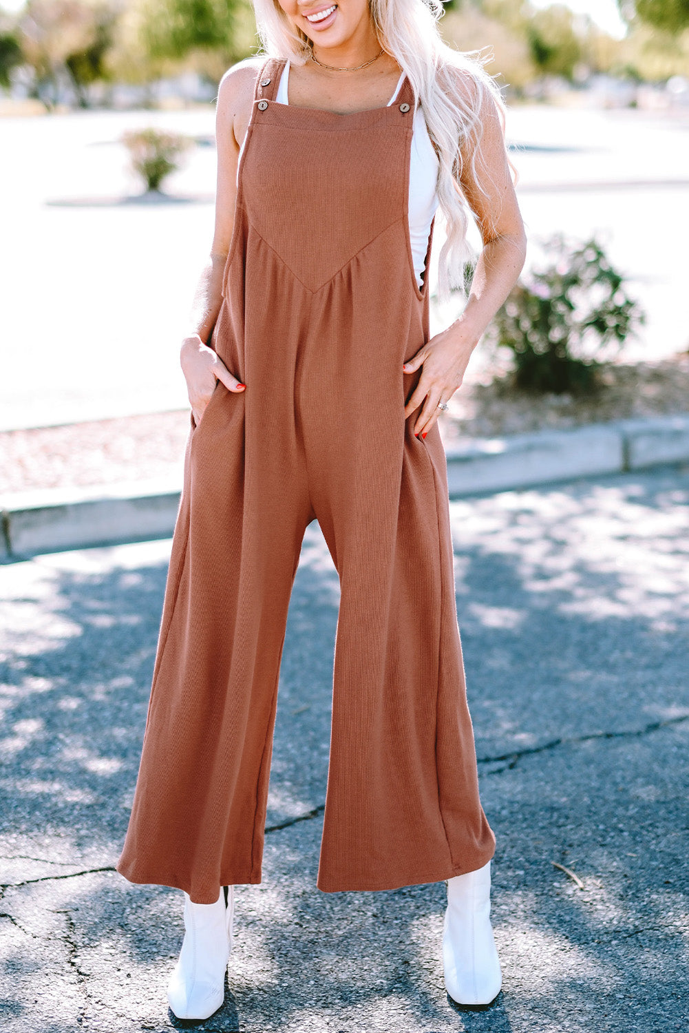 Gold Flame Textured Buttoned Strap Wide Leg Ruched Jumpsuit