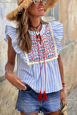 Striped fringed blouse with geometric pattern with sky blue stripes