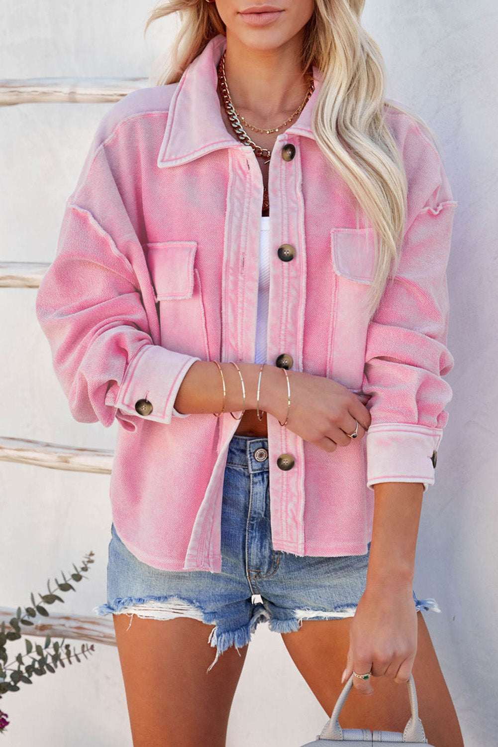 Pink Turndown Kragen Taschen Hemdjacke