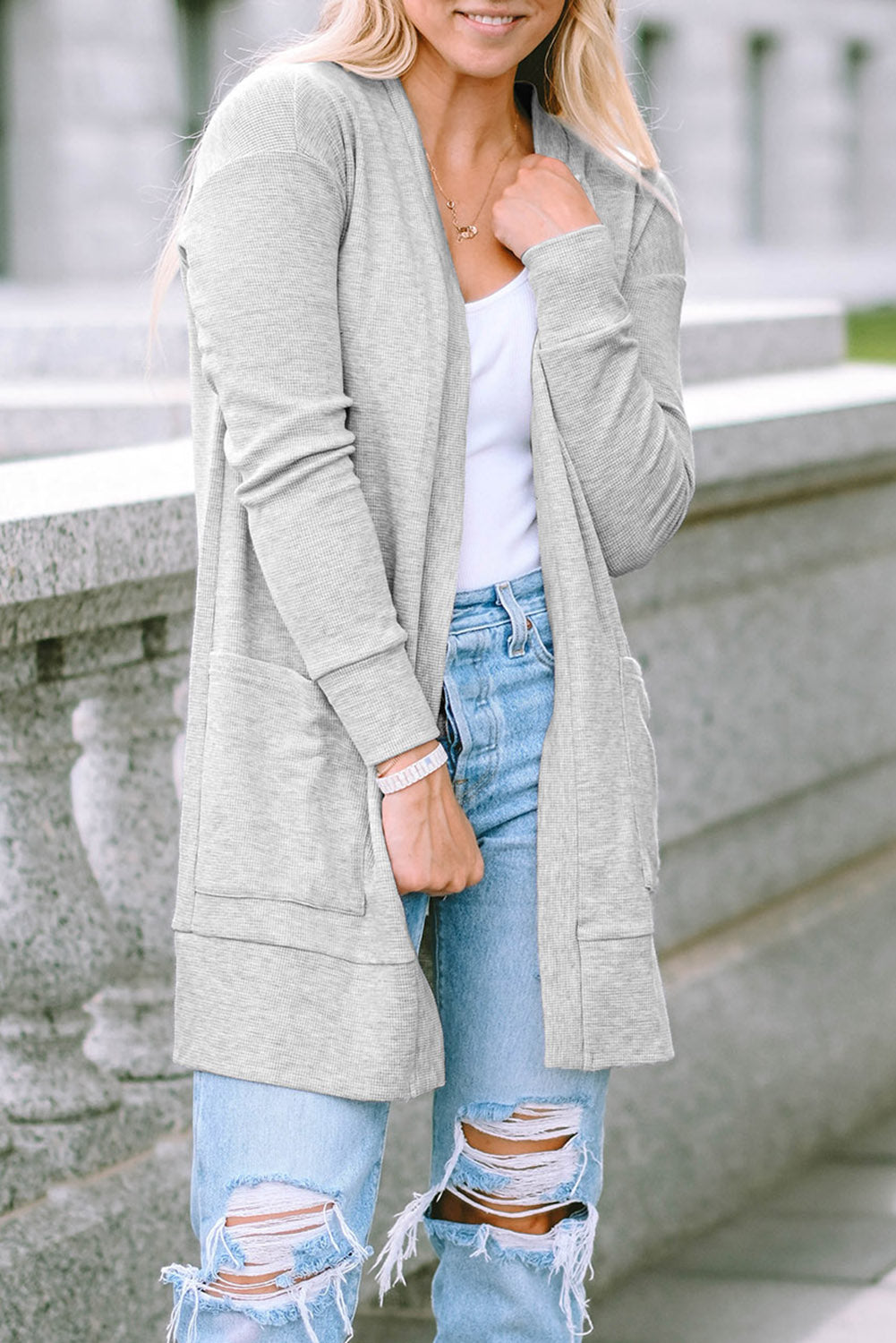 Light Grey Thermal Waffle Knit Pocket Cardigan