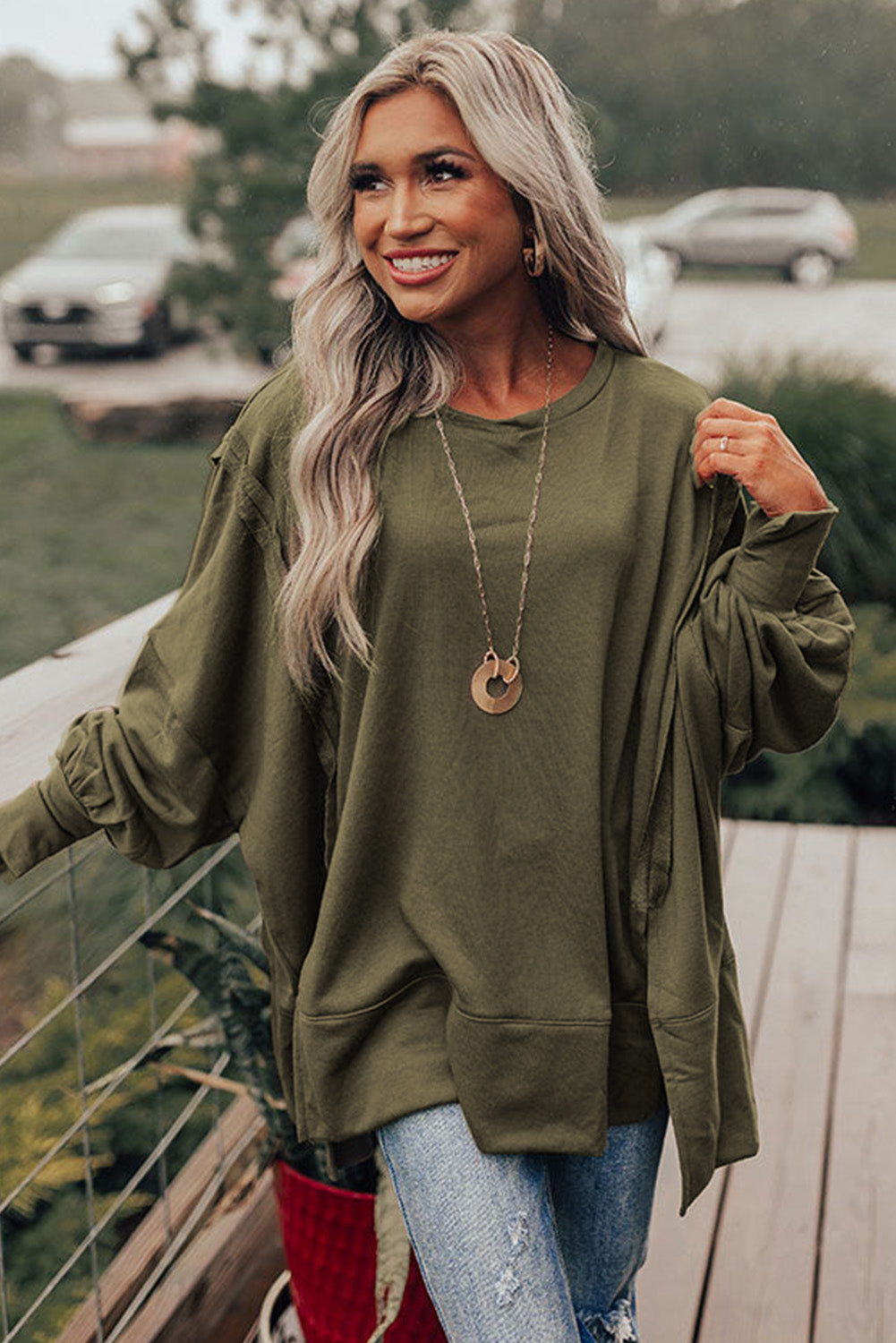 Green Patchwork Drop Shoulder Oversized Top