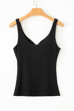 Sexy Black Ribbed Knit Sleeveless V Neck Top