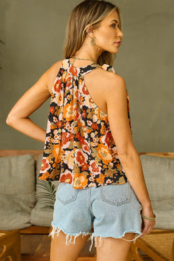 Orange Floral Print Halter Neck Sleeveless Top